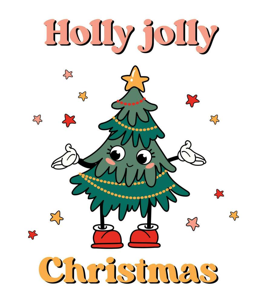 Holly jolly Christmas card. Cute Christmas tree in retro style. vector