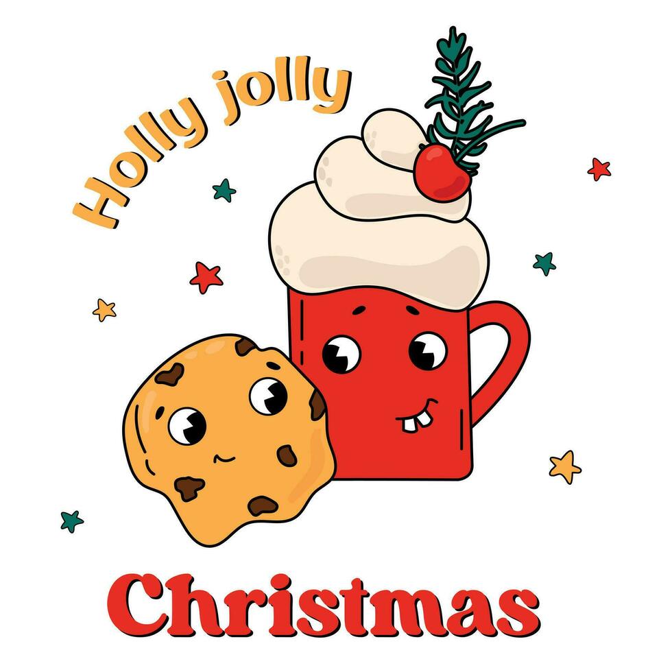 Christmas card in retro style. Holly jolly Christmas. vector