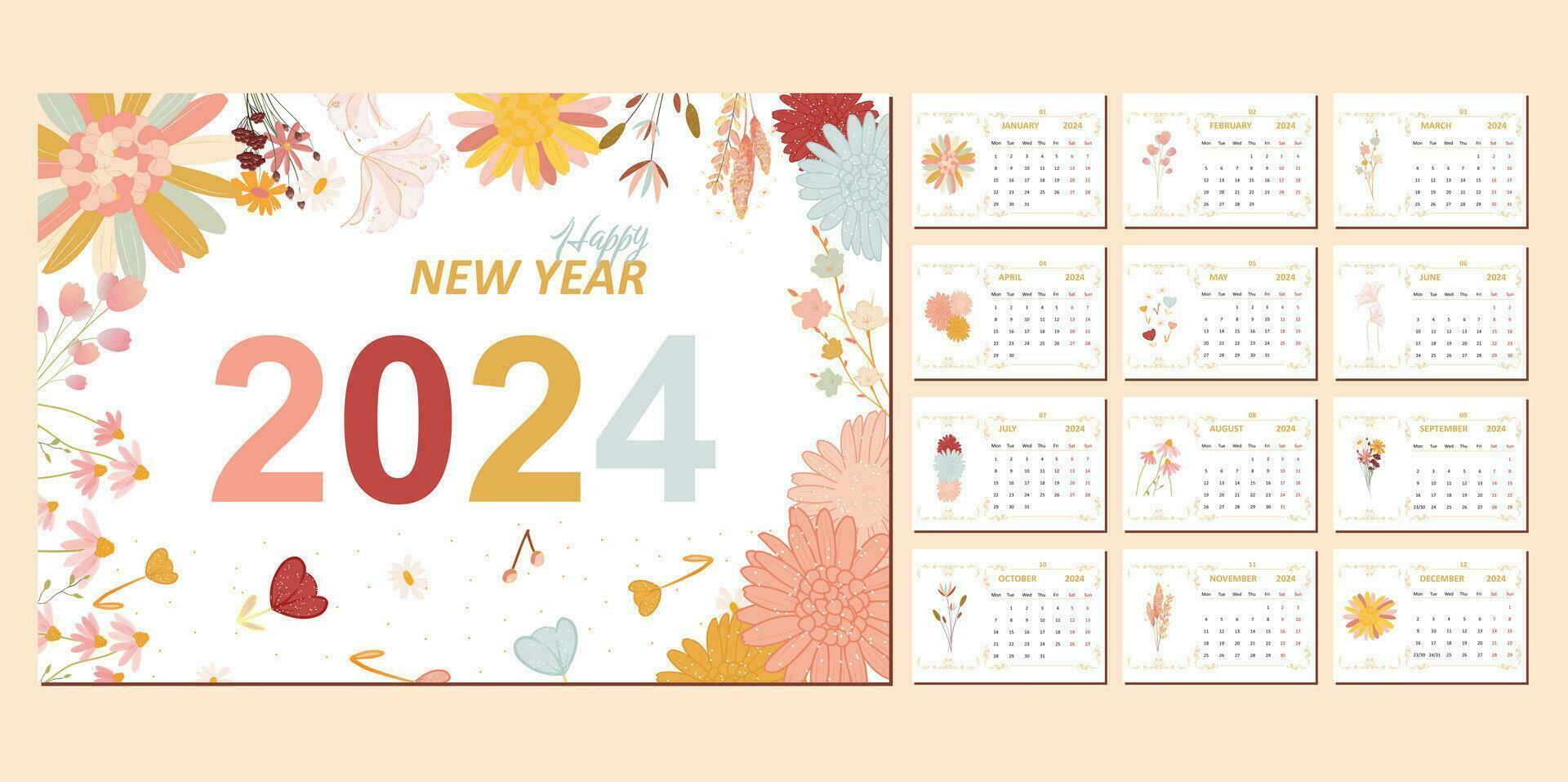 floral calendario modelo para 2024 . horizontal diseño con resumen vistoso flores vector ilustración modelo imprimible escritorio calendario. semana empieza en lunes.