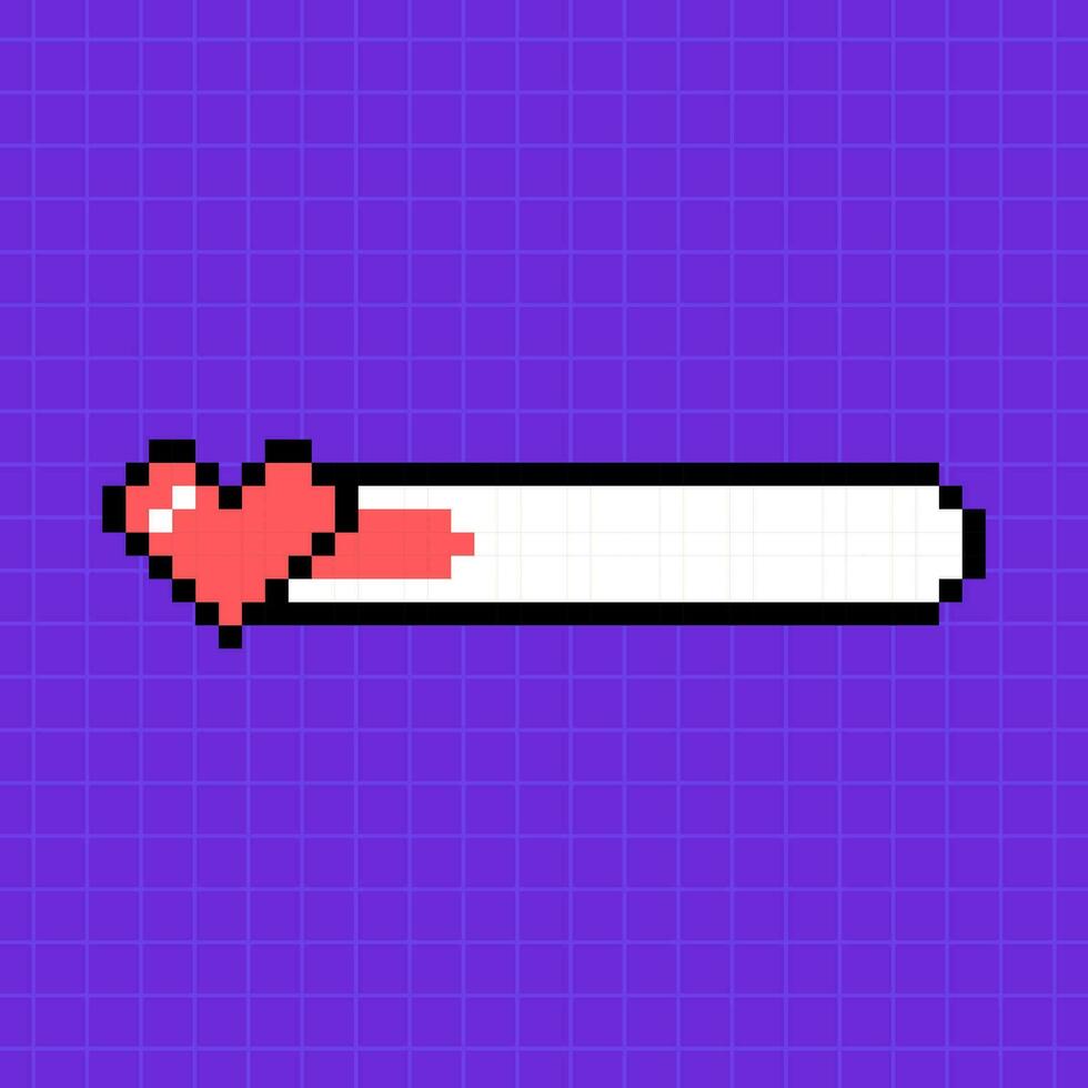 Pixel game life bar in red color on a bright purple background. Heart icon, illustration in 8-bit retro game style, controller. vector