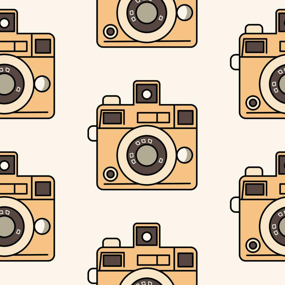 Minimalistic seamless pattern orange vintage camera in retro colors, isolated on a light background. Background, backdrop, wrapping paper, sepia tone. vector