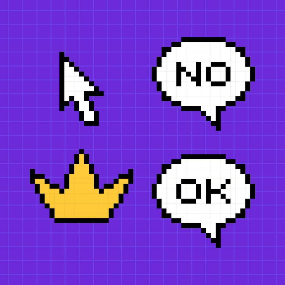 Clipart set of pixel elements in 8-bit style on a bright purple checkered background. Dialog boxes, crown icon and pointer. vector