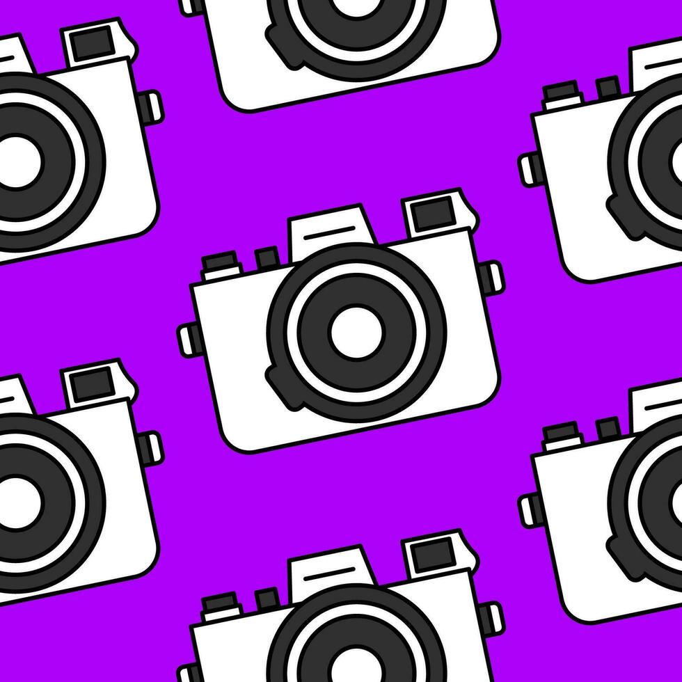 Bright seamless pattern minimalistic black and white camera on a purple background. Doodle retro film camera, wrapping paper, background. vector