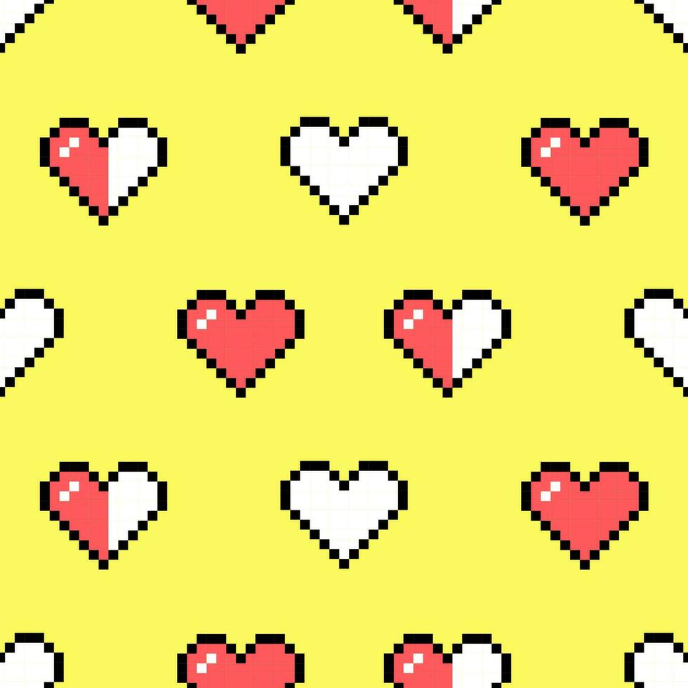 Seamless pattern of pixel elements in 8-bit style isolated on a yellow background. Heart shaped icons, retro game. vector