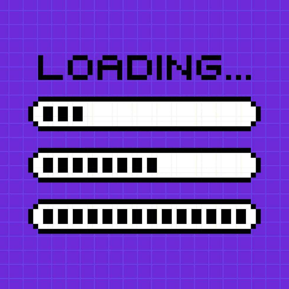Illustration of pixel elements in 8-bit style isolated on a bright purple background. Loading line in an old retro game, three loading bars. vector