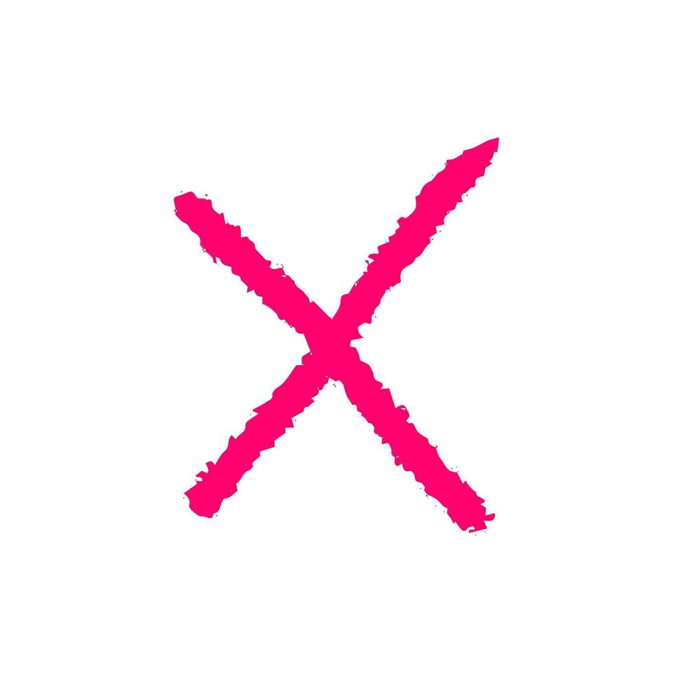 Pink doodle hand drawn cross, checkmark isolated on white background. Minimalistic vector element in bright colors.