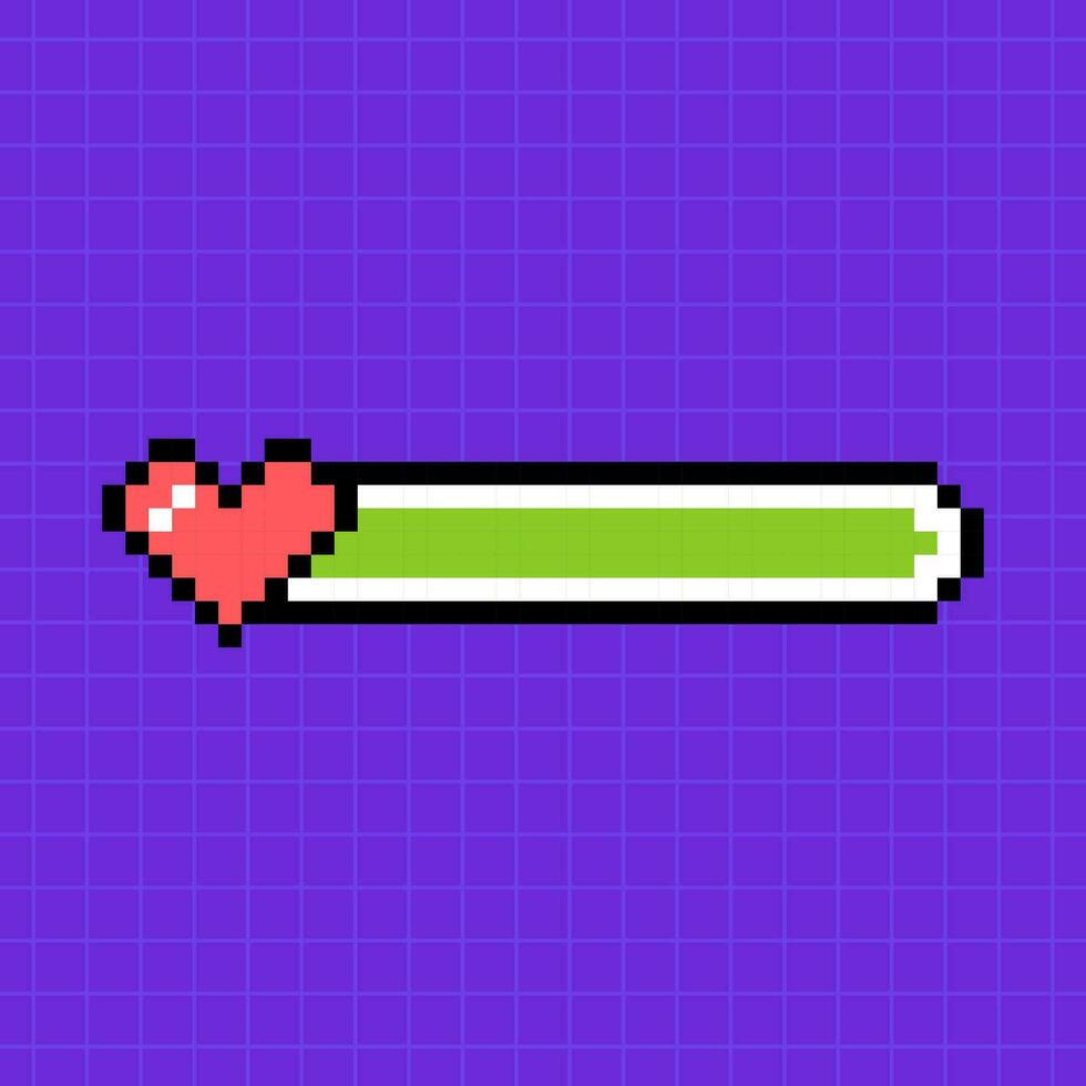 Pixel game life bar in green color on a bright purple background. Heart icon, illustration in 8-bit retro game style, controller. vector