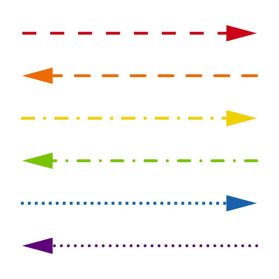A set of straight thin rainbow multi-colored arrows of different shapes. Minimalistic dotted signs, playful lines isolated on a white background. vector