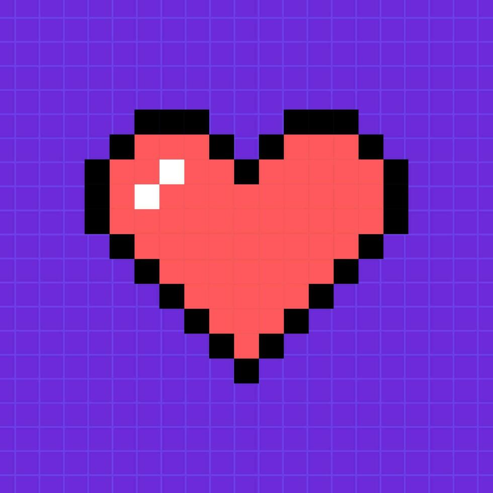 Pixel game full life scale in red on a bright purple background. Heart icon, illustration in 8-bit retro game style, controller. vector