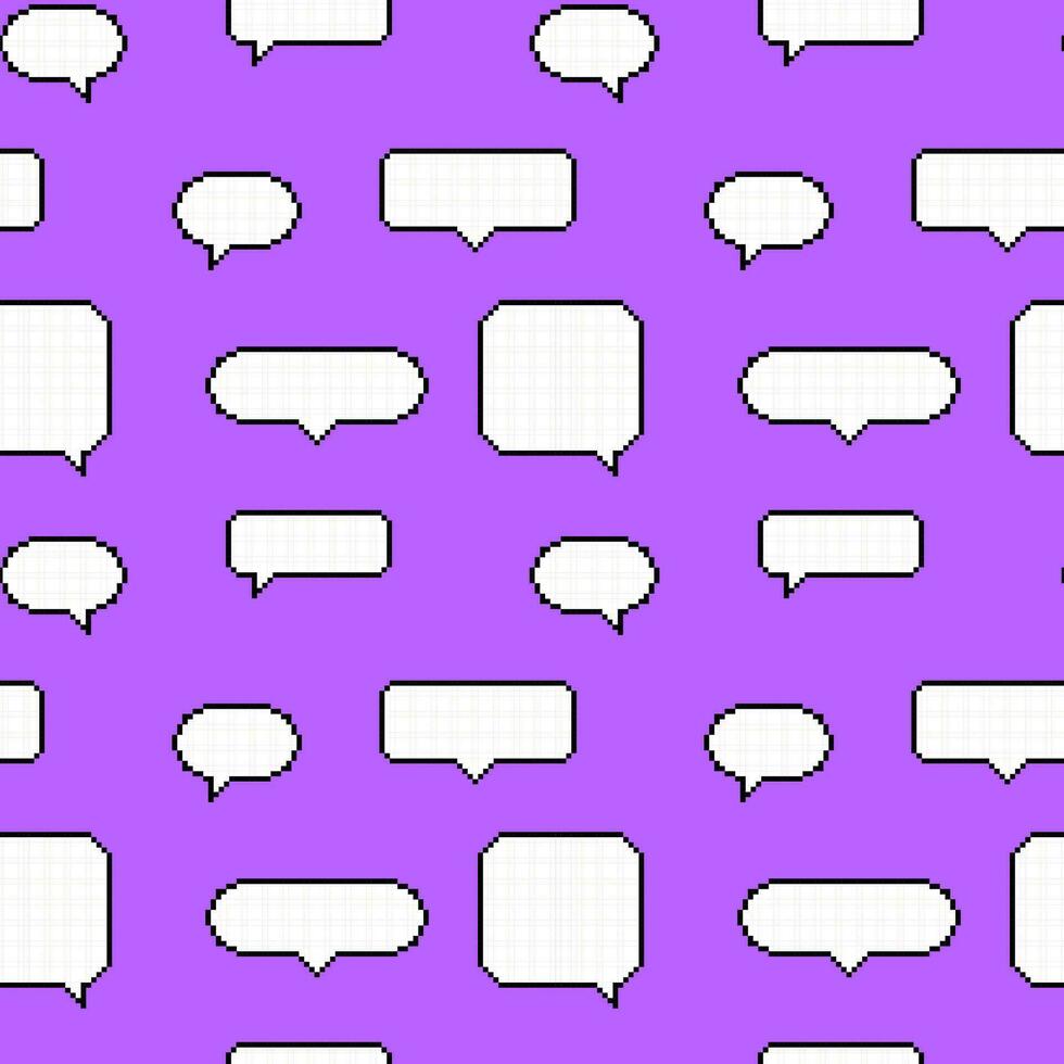 Seamless pattern of pixelated dialog boxes in 8-bit style on a bright purple background. Pop-up dialogue clouds of different shapes and sizes, elements of a retro game. vector