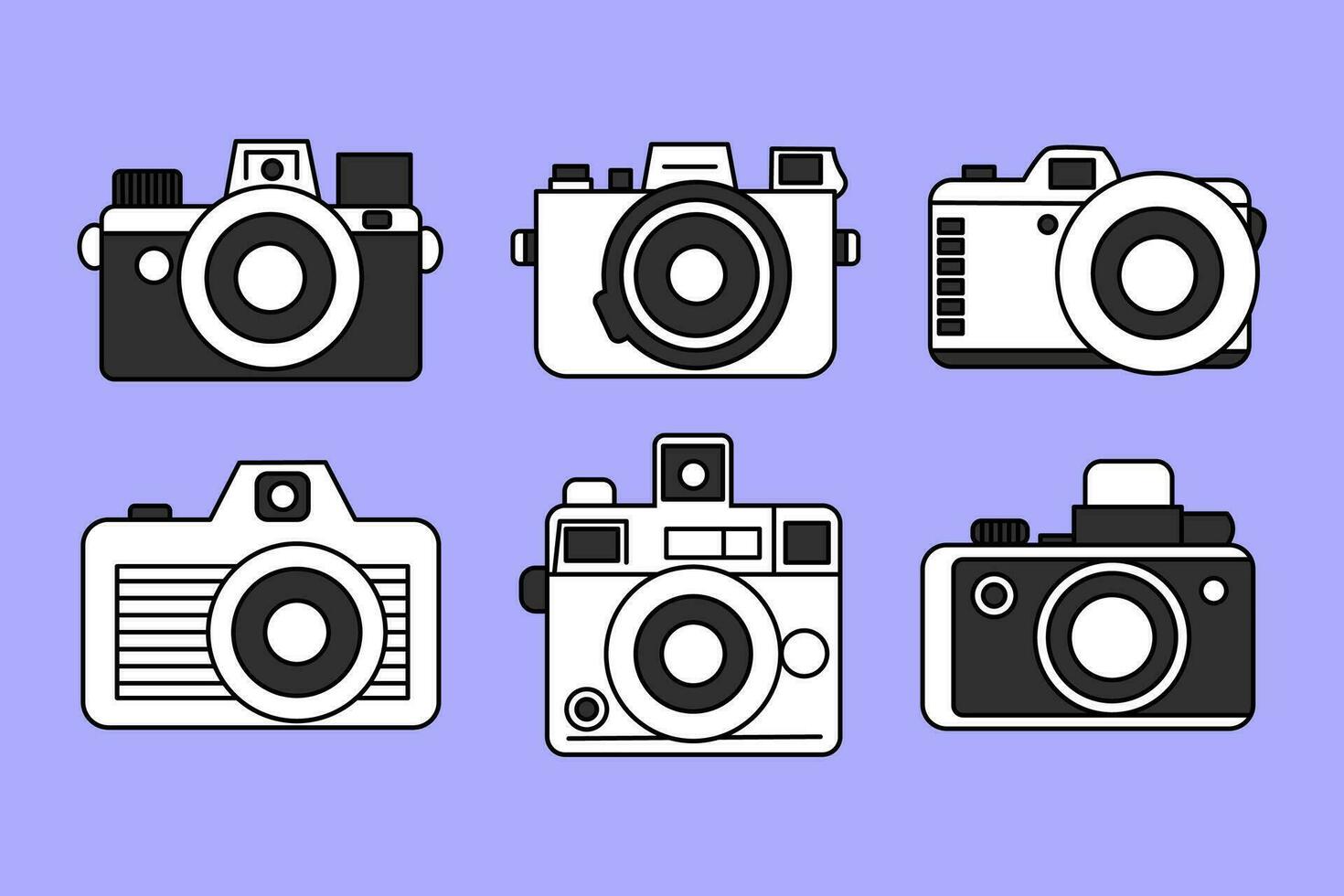 Clipart set of minimalistic retro camera doodles on a bright purple background. Playful vintage film cameras in black and white. vector