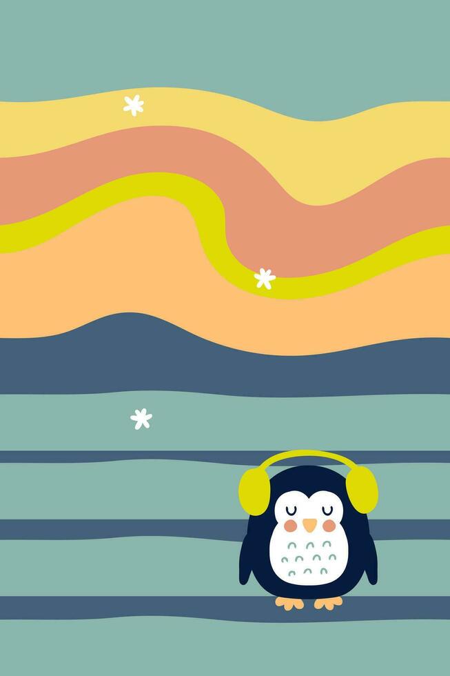 Cute penguin in headphones under the sky with the polar lights. Perfect vector illustration for poster, card, banner. Vertical print for decor and design.