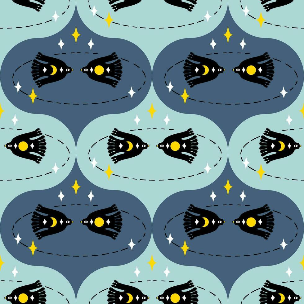 Damask style seamless pattern with flying moon birds in the space. Magic print for tee, paper, textile and fabric. Doodle vector illustration.