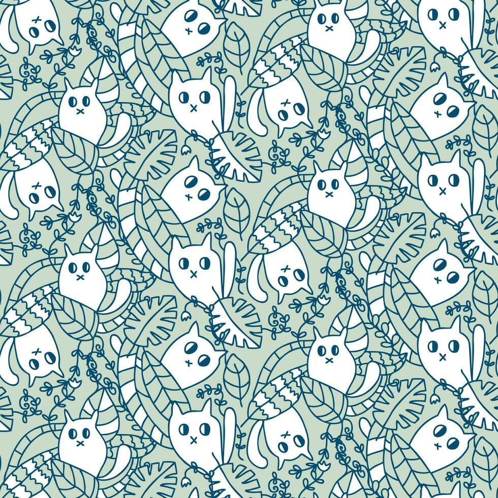 Trendy line art seamless pattern with cute cats in the rainforest. Perfect print for tee, paper, textile and fabric. vector