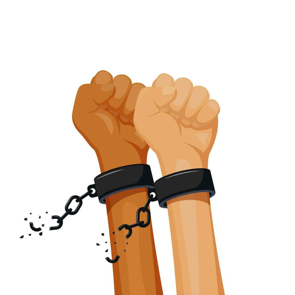 Dark and light hands in shackles breaking iron chains. Vector illustration.