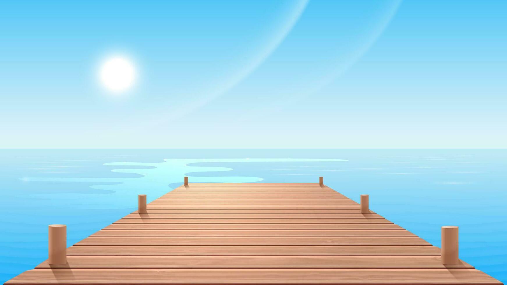 A wooden pier or deck extending into the sea or ocean to the sunlit skyline. Vector illustration.