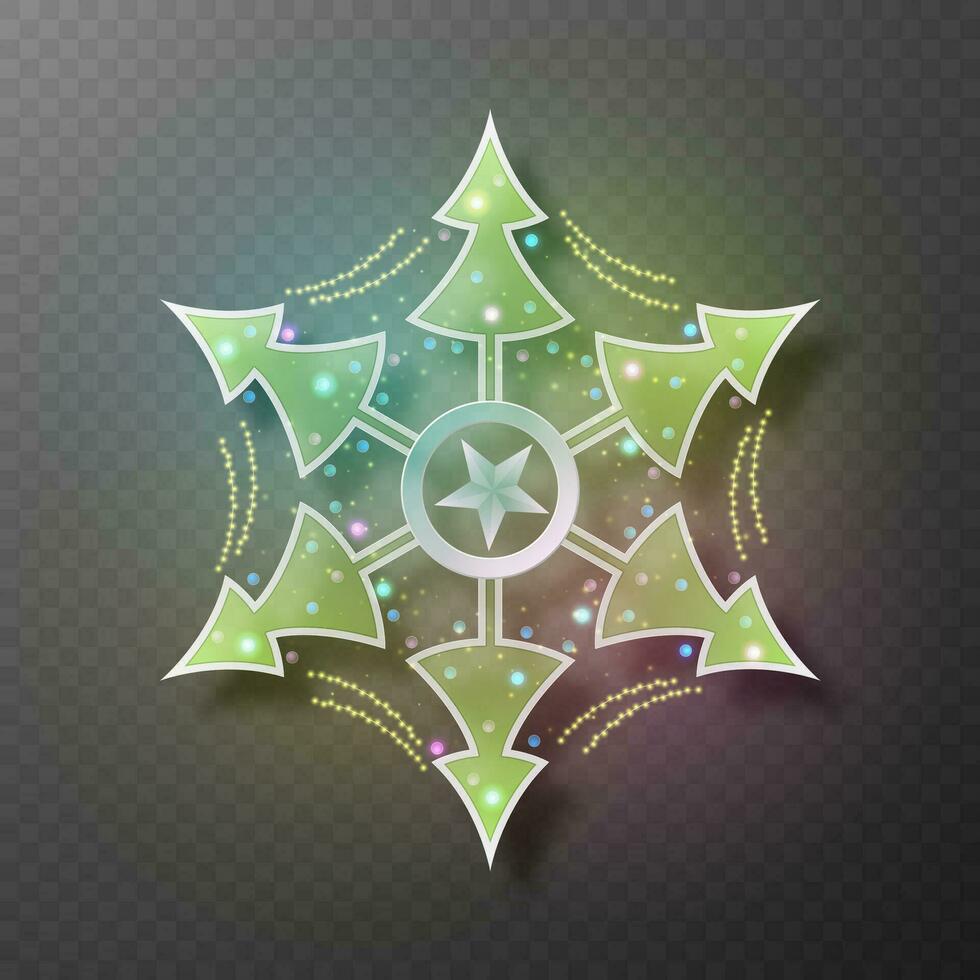Snowflake made of New Year trees with toys, garlands, stars and snow. Vector illustration.