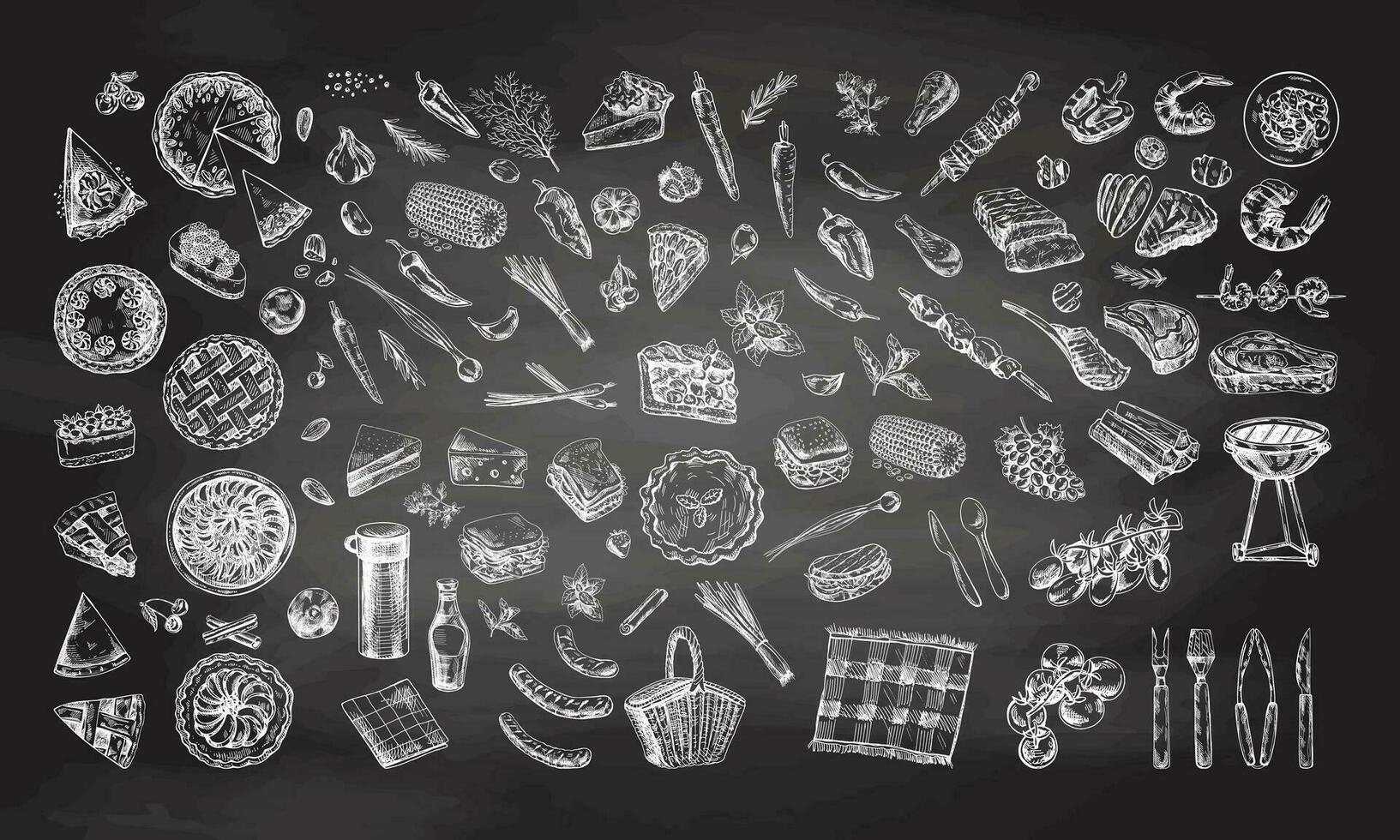 A set of hand-drawn sketches of barbecue and picnic elements on chalkboard background. For the design of the menu of restaurants and cafes, grilled food. Doodle vintage illustration. Engraved image. vector
