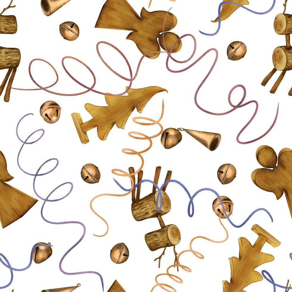 Christmas seamless pattern with Christmas ornaments digital illustration isolated on white. wooden toy, deer, jingle bells, serpentine hand drawn. Element for new year design wrapping, background vector