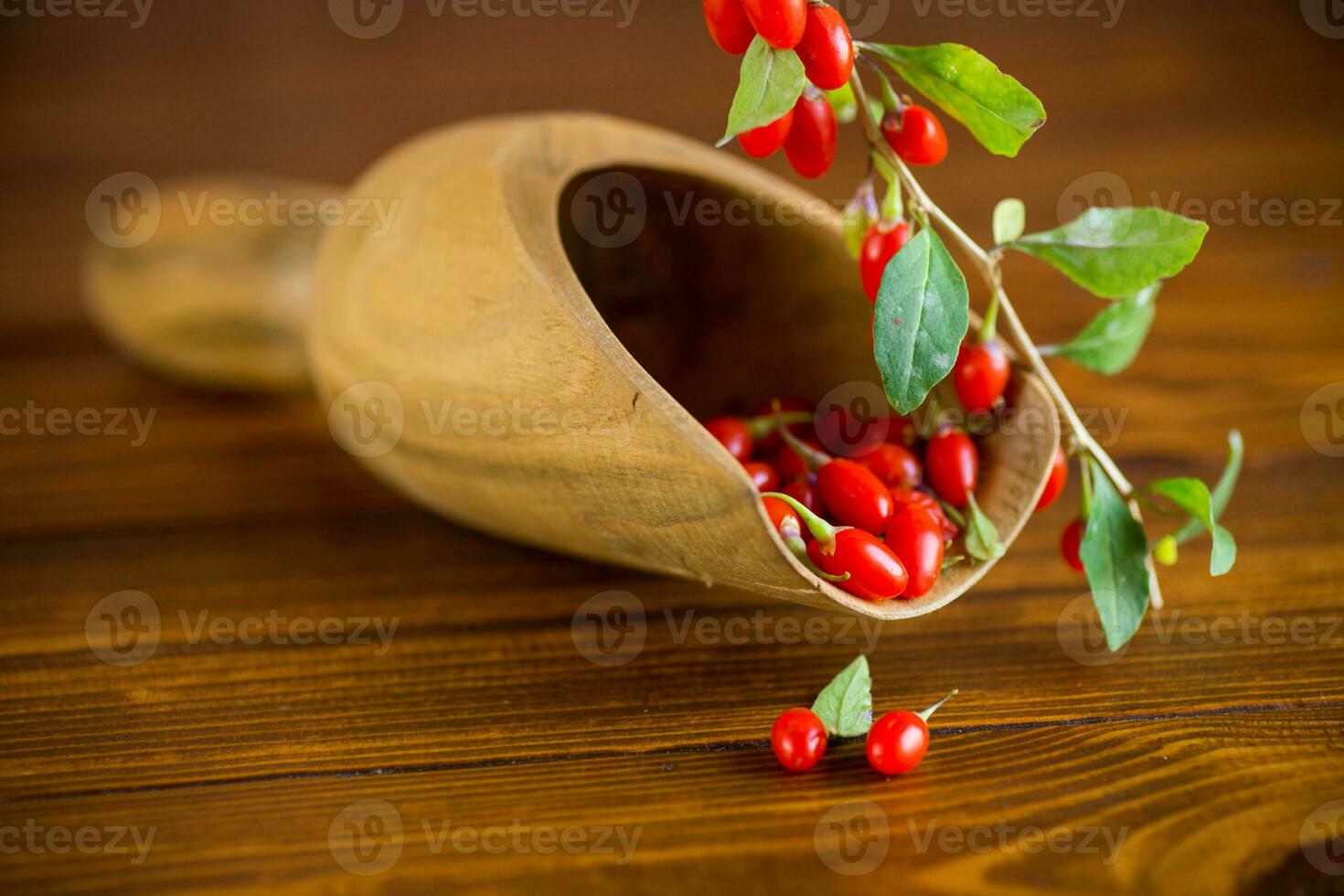 Branch with ripe red goji berry on wooden table photo