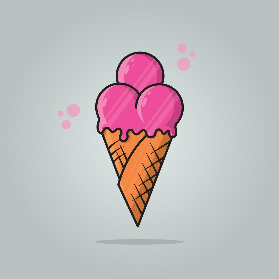 Melting ice cream balls in the waffle cone isolated on white background. Vector flat outline icon