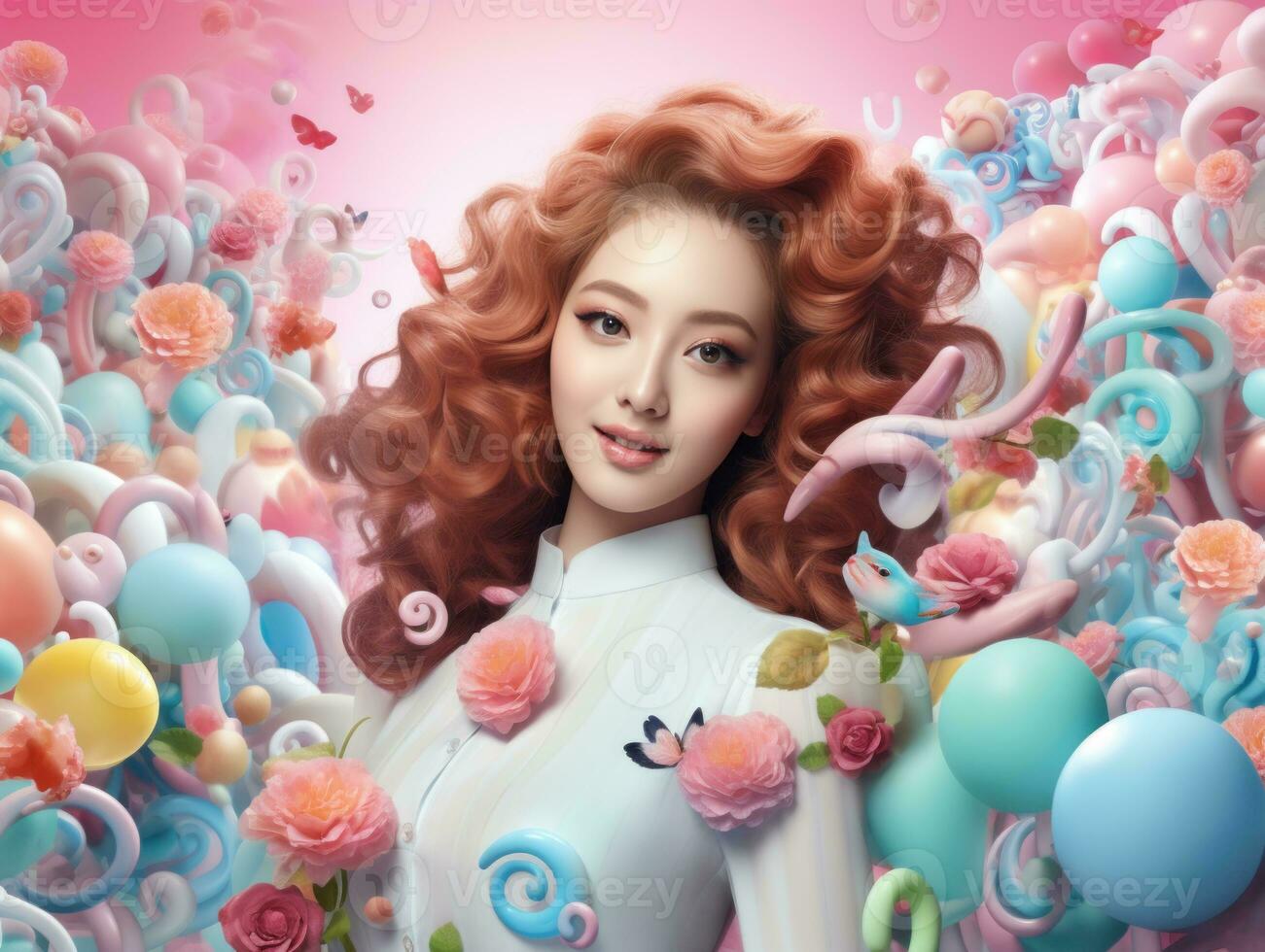 a woman with long red hair surrounded by balloons and flowers generative ai photo