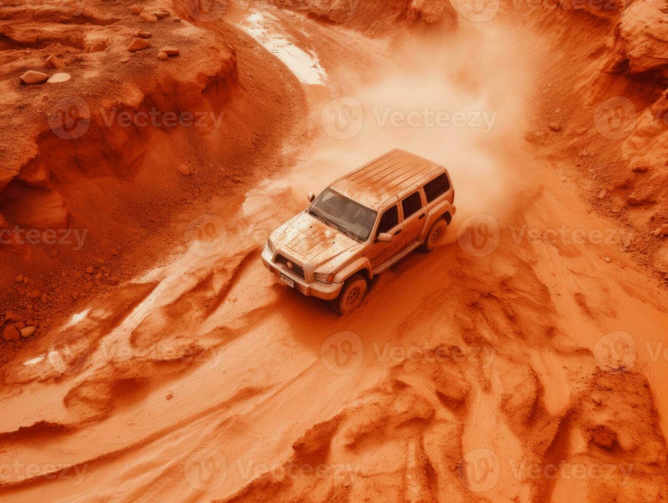 an off - road vehicle driving through an orange sand dune generative ai photo