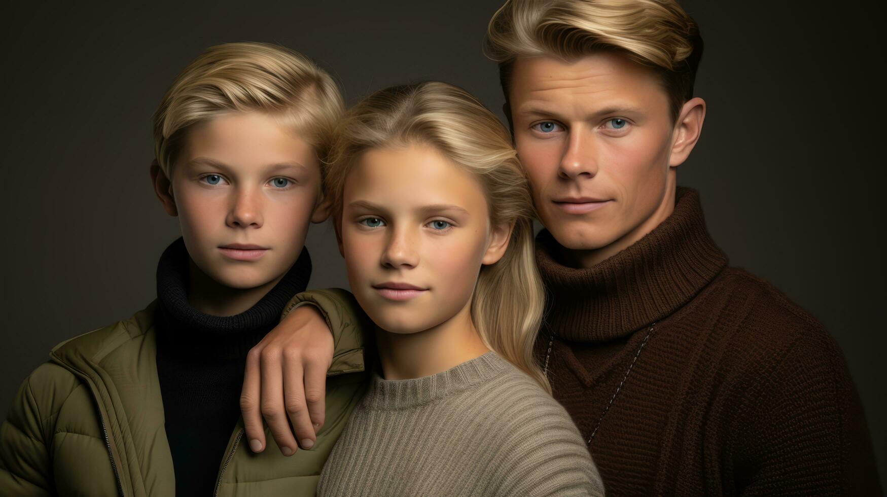 Tres joven personas posando para un retrato en frente de un oscuro antecedentes generativo ai foto