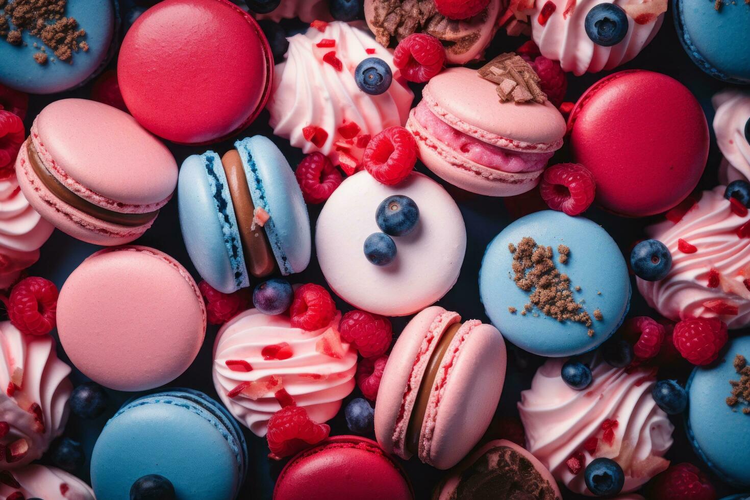 vistoso macarons en un oscuro antecedentes valores foto generativo ai