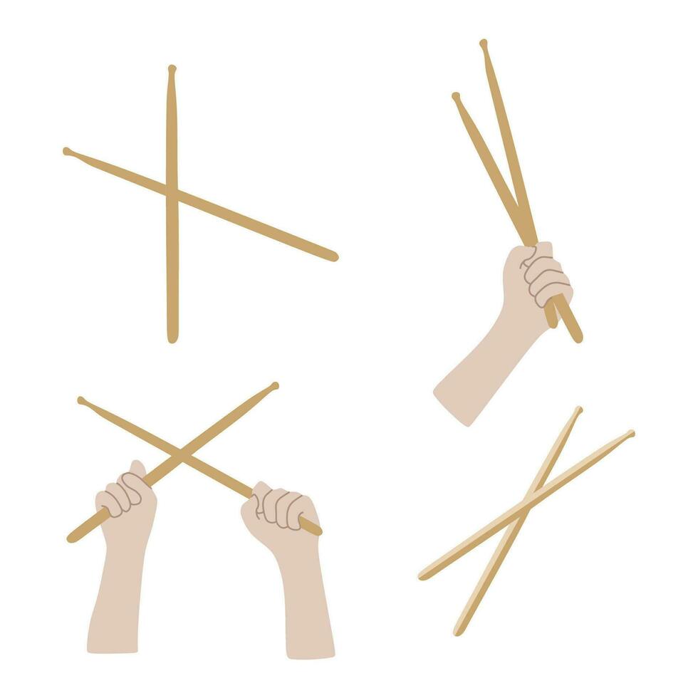 Drumsticks and hands Flat set. Vector Collection of Music equipment isolated on white. Musical and percussion concept, Crossed Sticks for Drums. Design element for Sticker pack, Card, Poster, Banner.