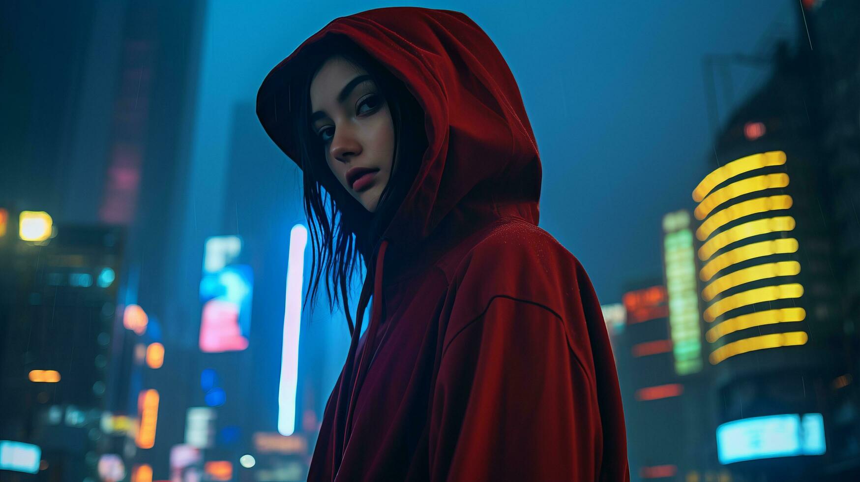 un mujer en un rojo capucha en pie en el medio de un ciudad a noche generativo ai foto