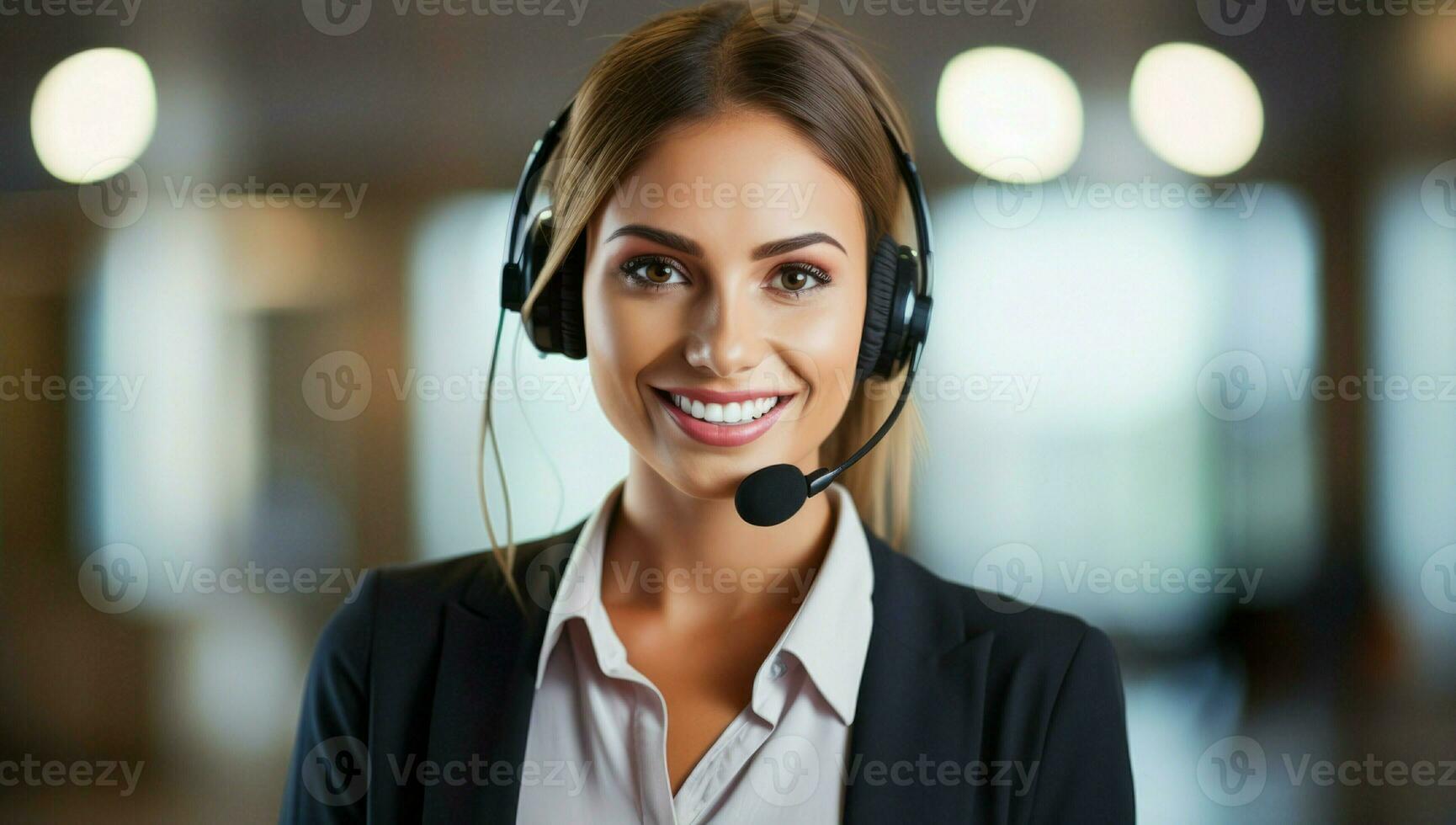 AI generated Woman phone headset office operator support business photo