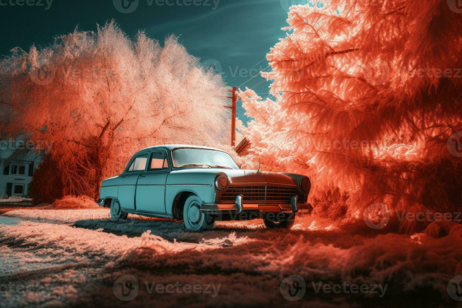 an old car is parked in front of some trees generative ai photo