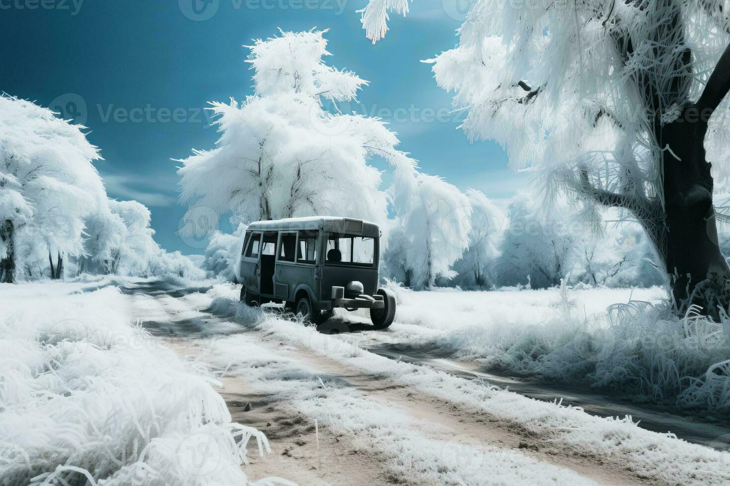 an old school bus is driving down a snowy road generative ai photo