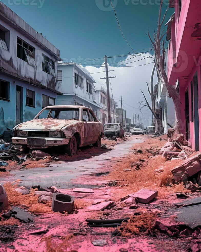 an old car sits in the middle of a pink street generative ai photo