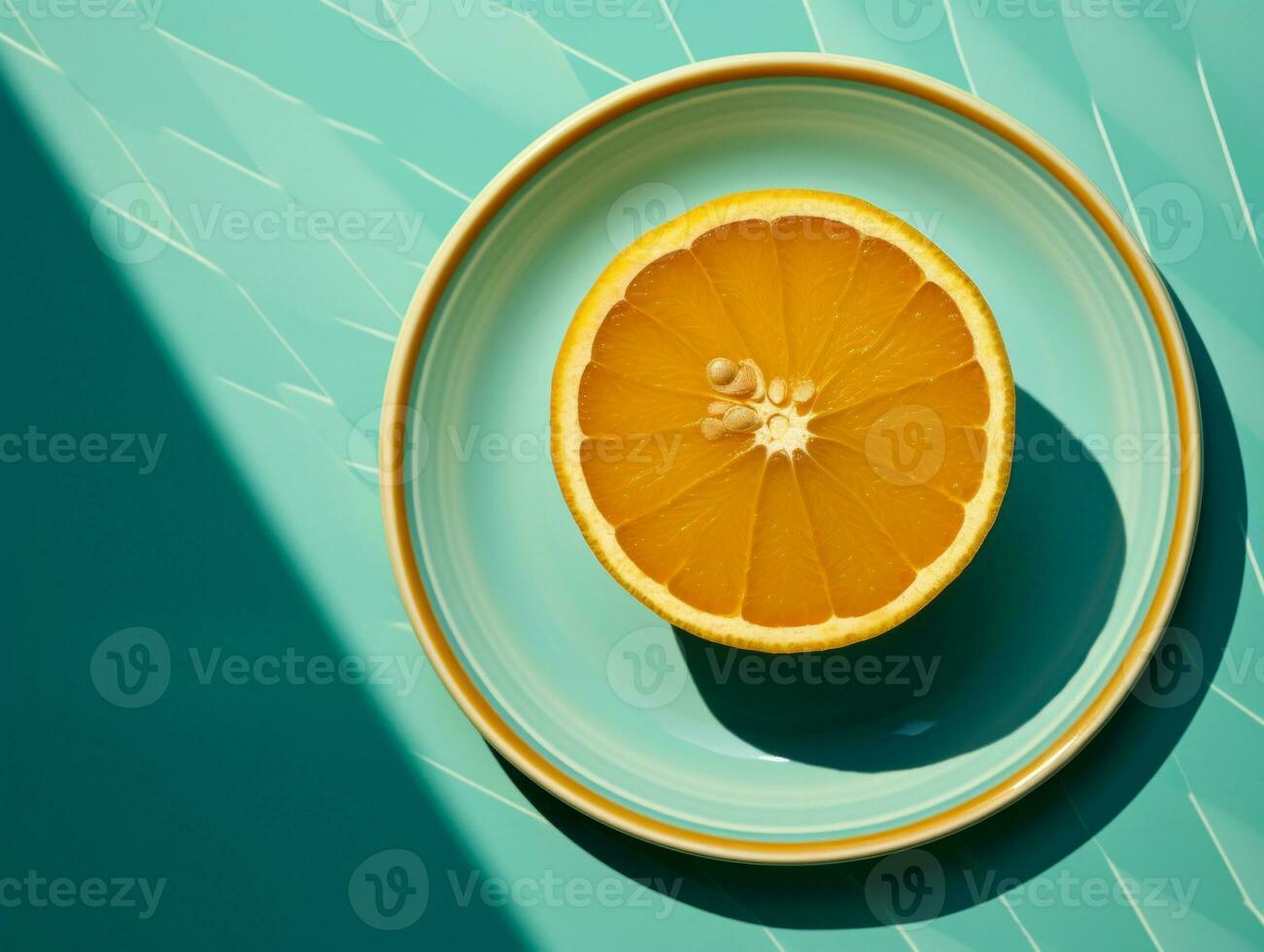 an orange slice on a plate on a turquoise background generative ai photo