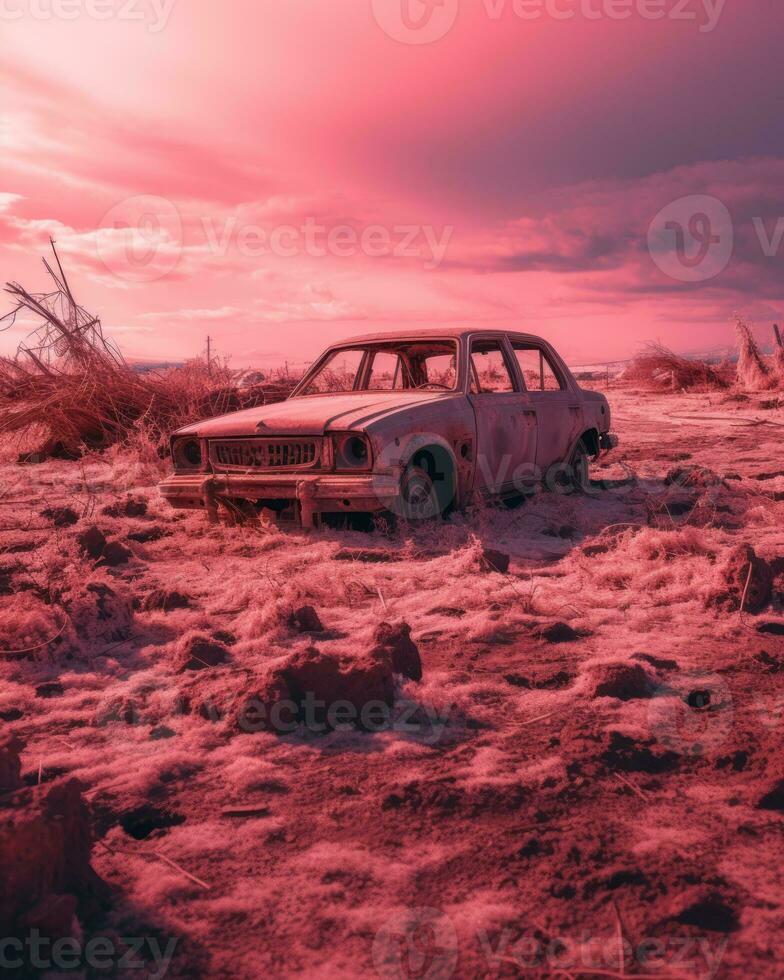 an old car sits in the middle of a desert generative ai photo
