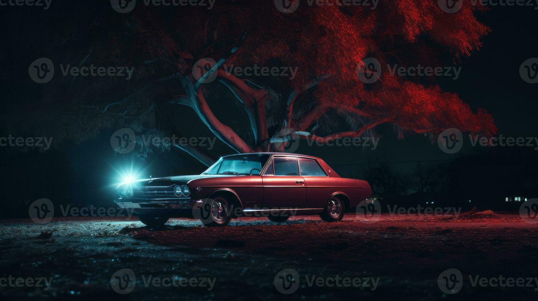 an old car is parked in front of a tree at night generative ai photo