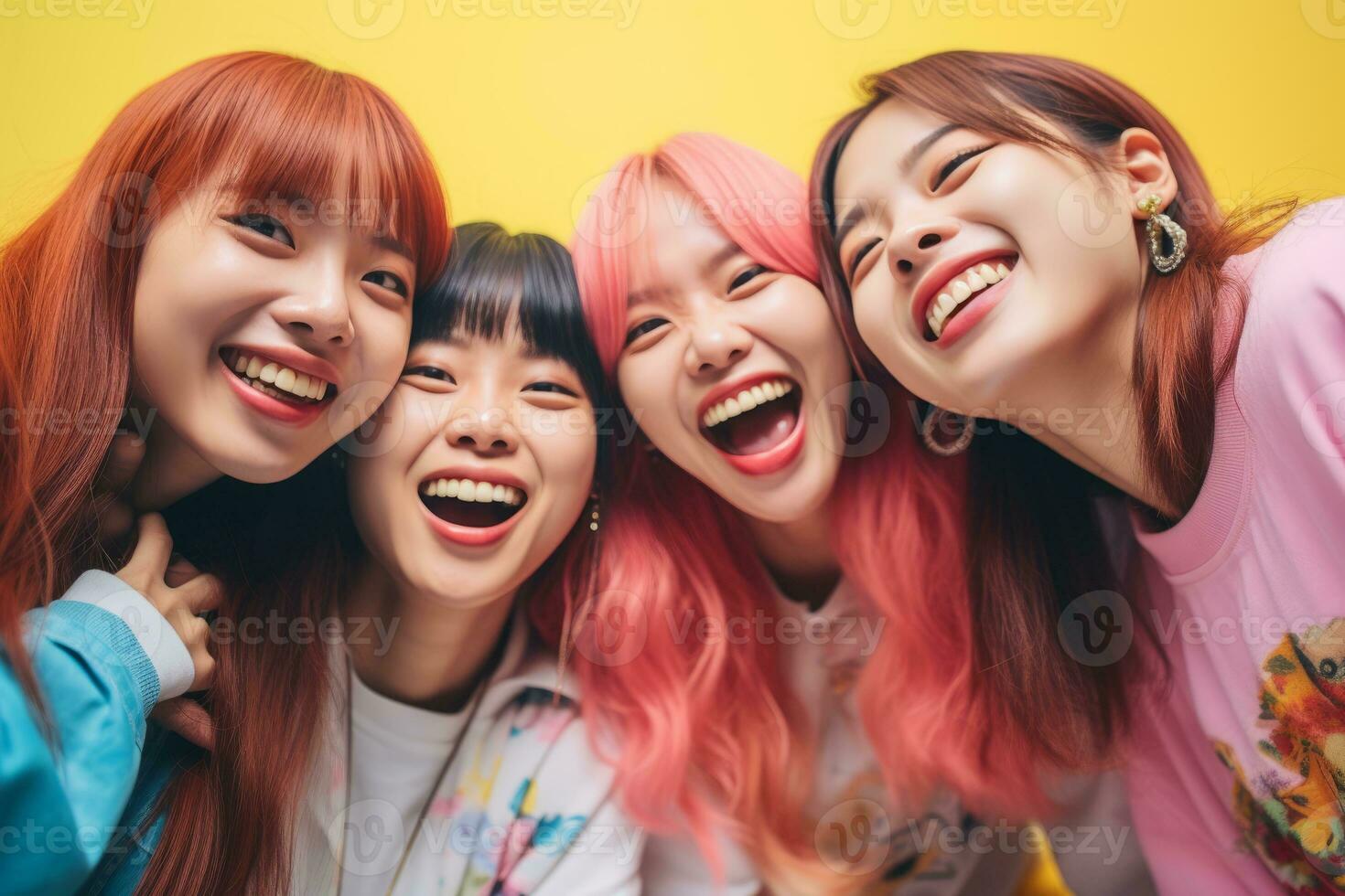 four asian women laughing together in front of a yellow background generative ai photo