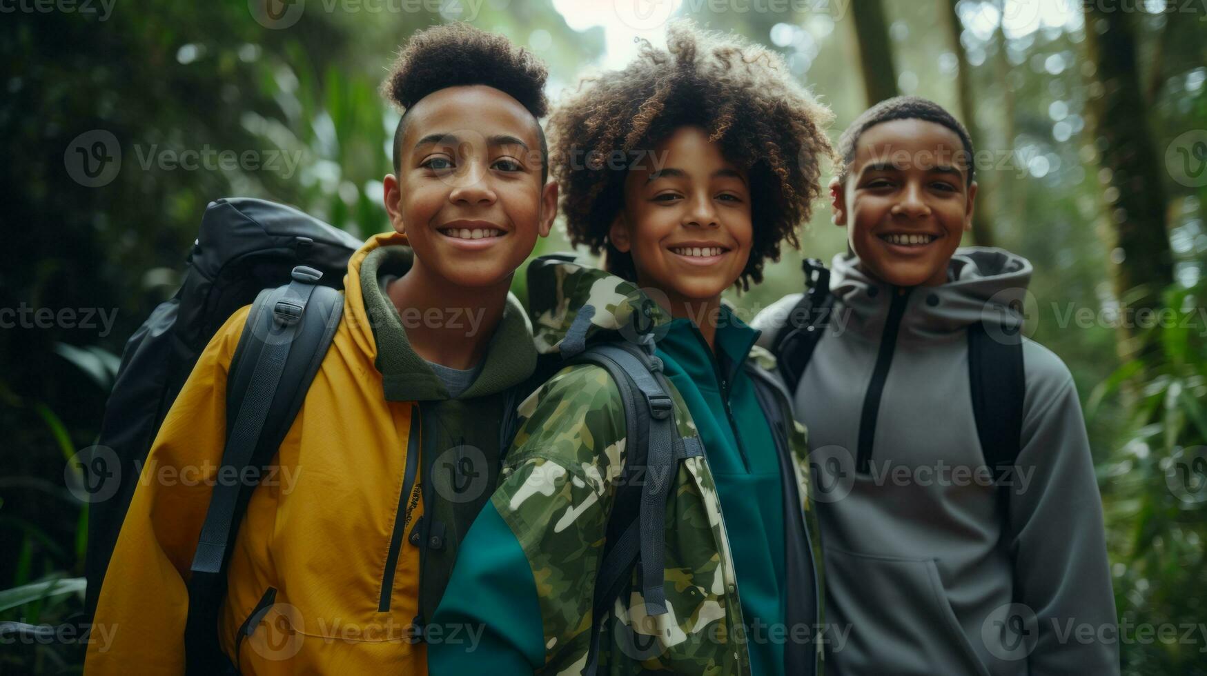 three young boys wearing backpacks in the woods generative ai photo