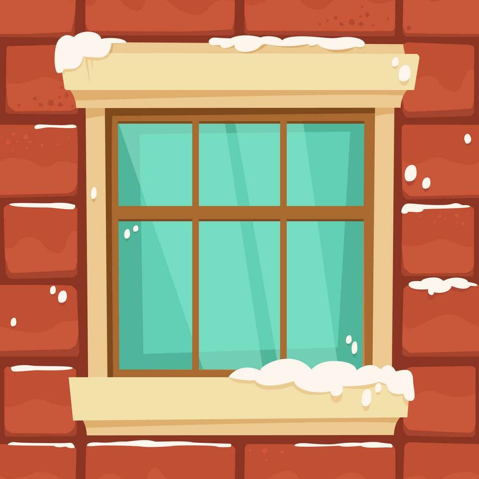 Snow Covered Window on Brick Wall, Christmas Square Vector Background.