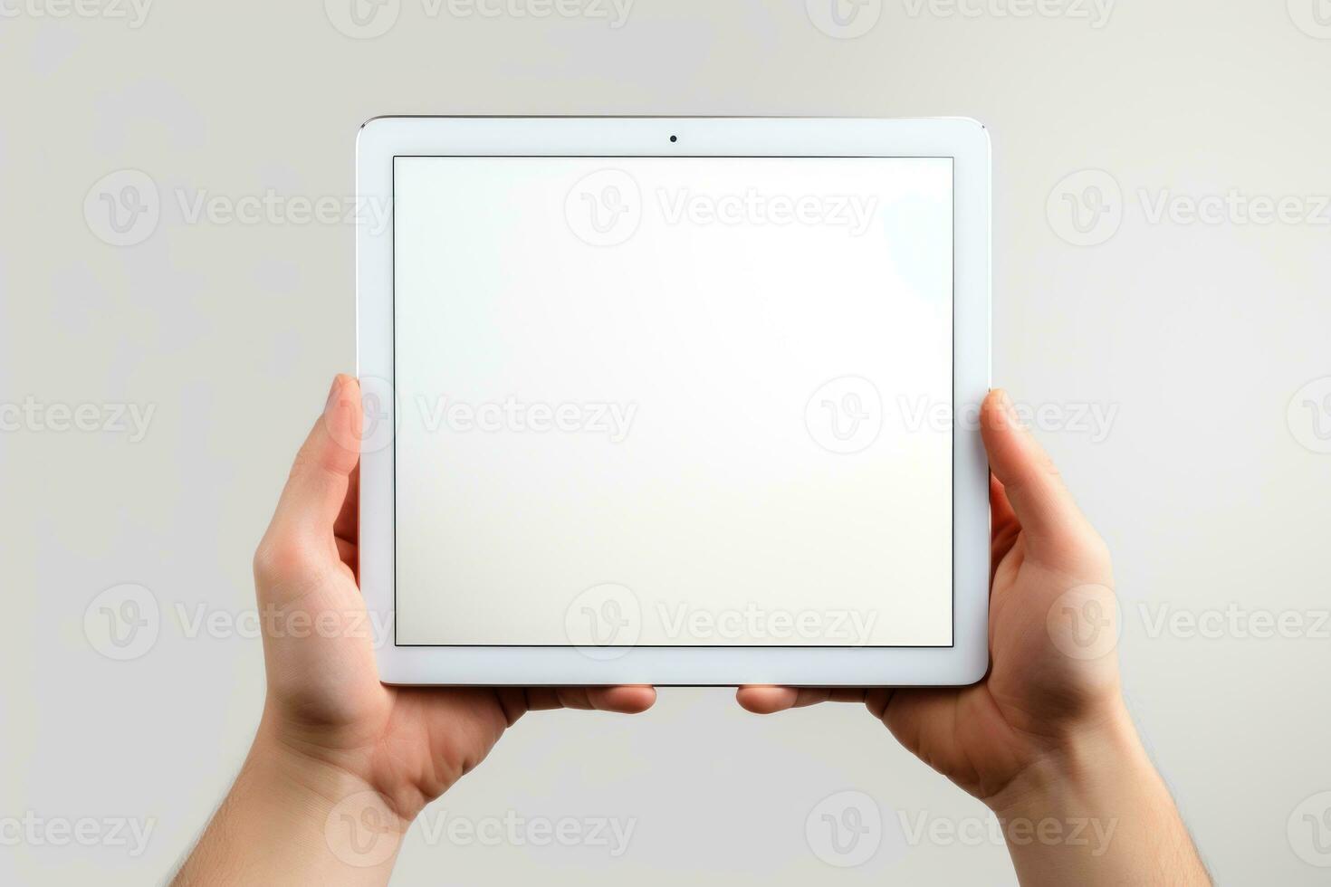 Hand holding a tablet screen with blank. Generative AI photo