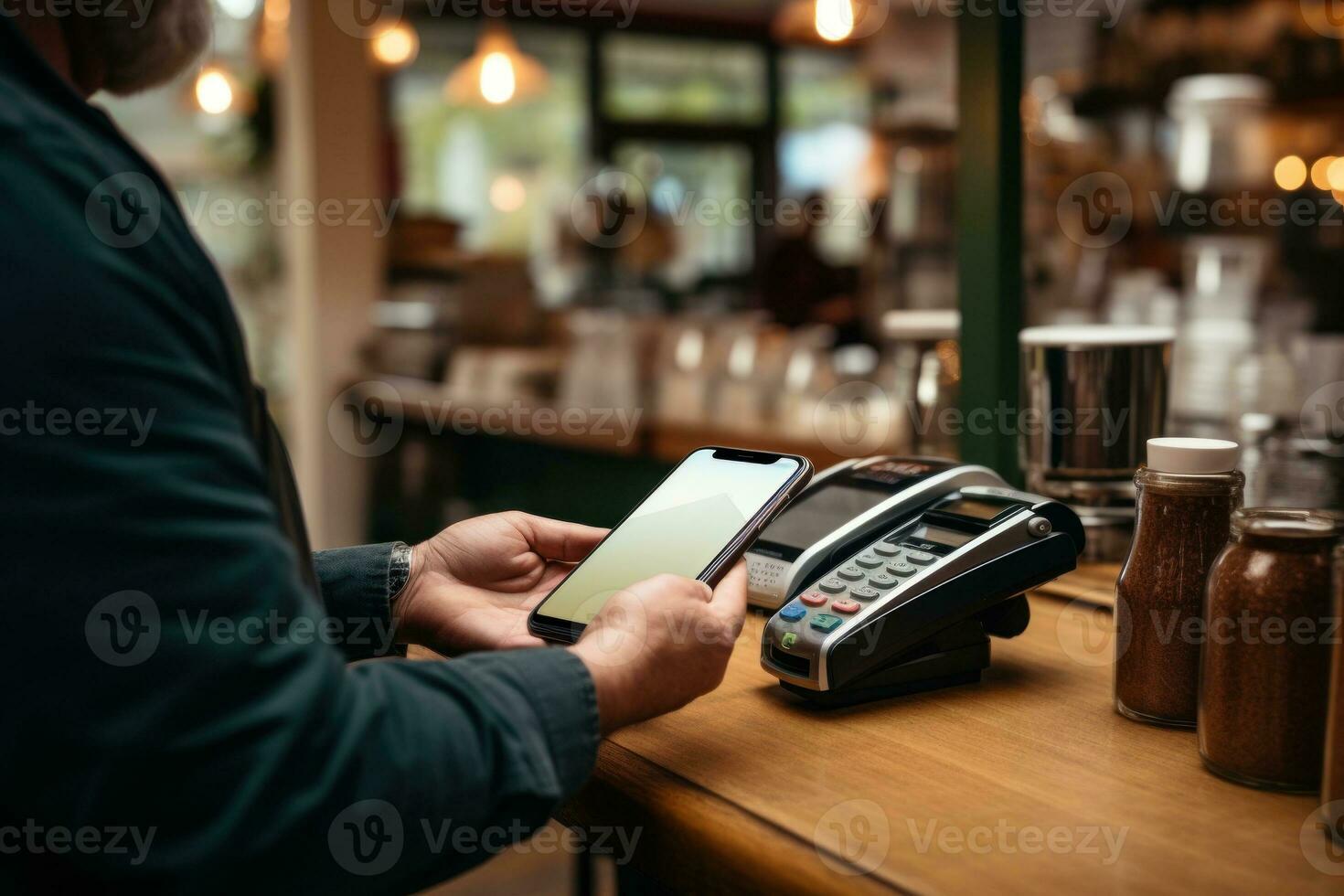 Customer using phone for payment at cafe restaurant. Generative AI photo