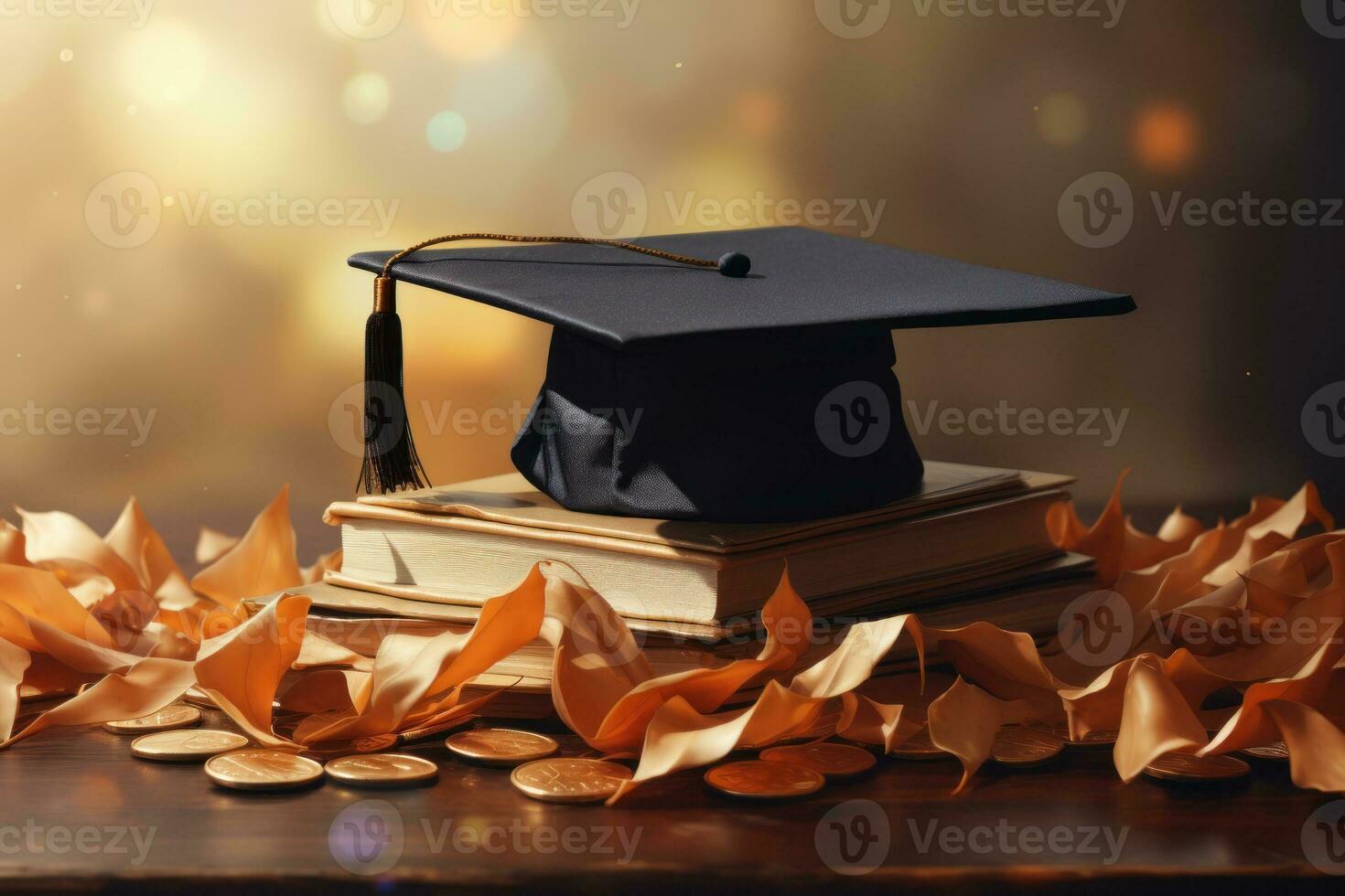 A graduation cap sits on top of a stack of book. Generative AI. photo