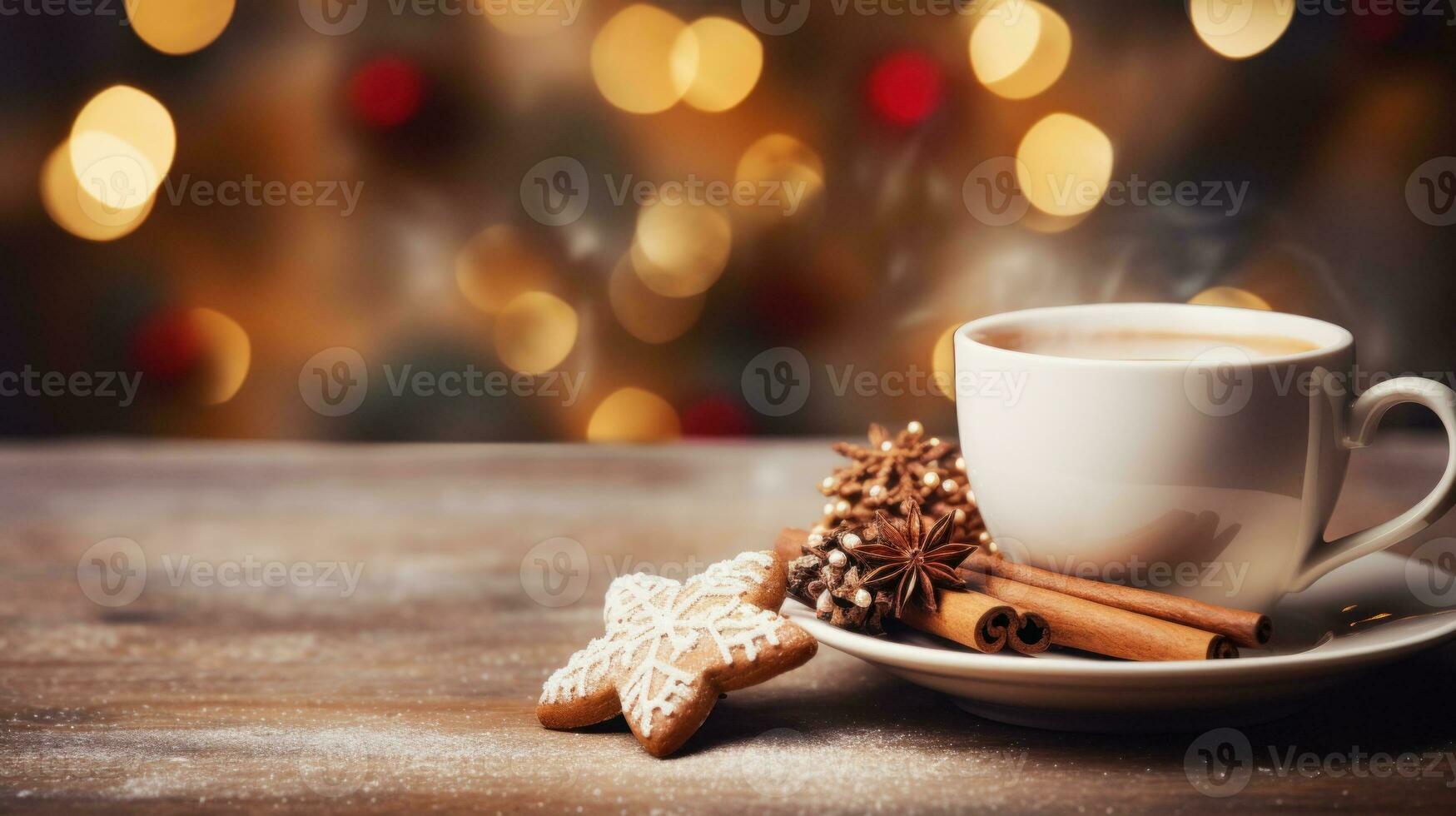 Cup of coffee at Christmas photorealistic copy space. Generative AI photo