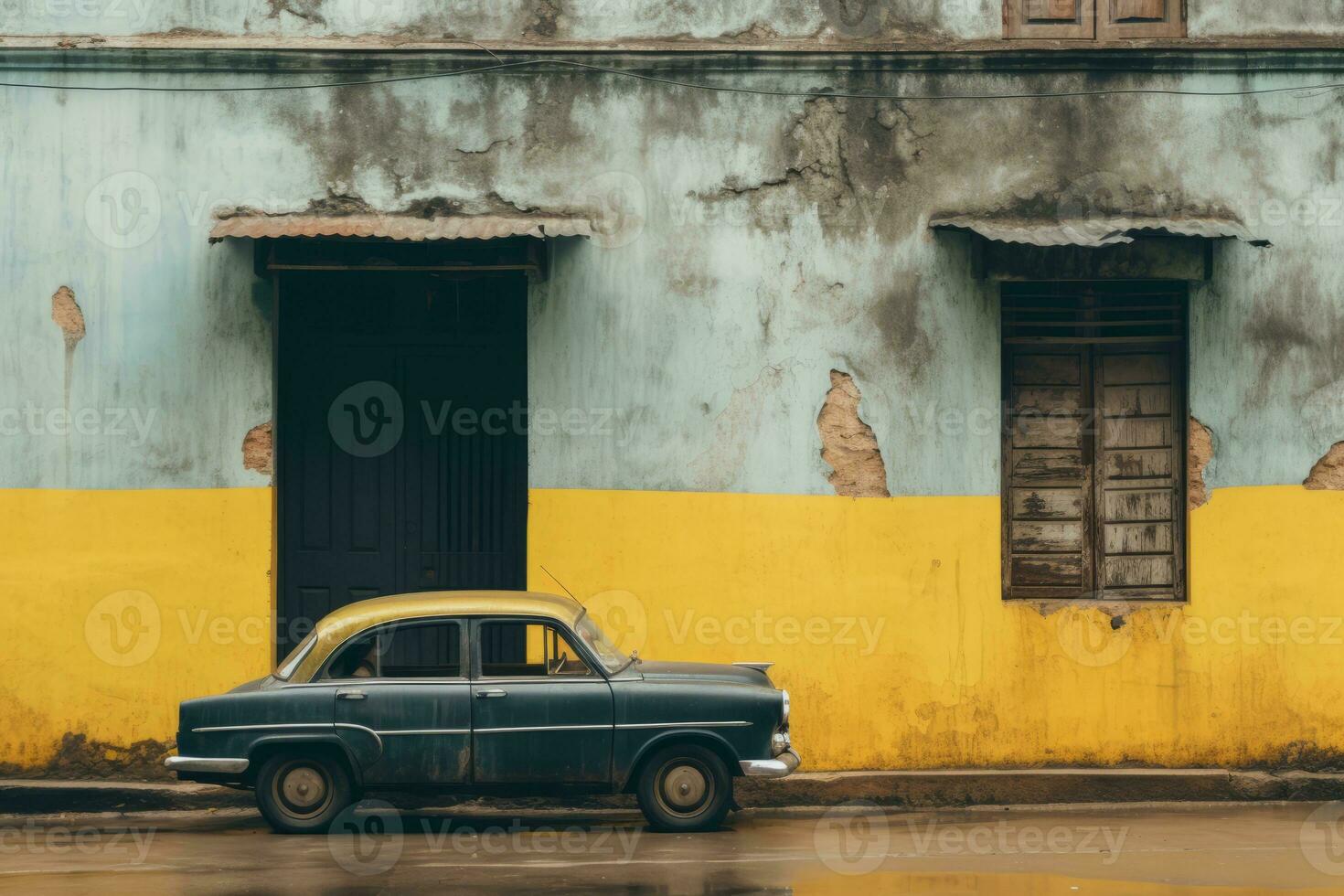 an old car is parked in front of a yellow and blue building generative ai photo