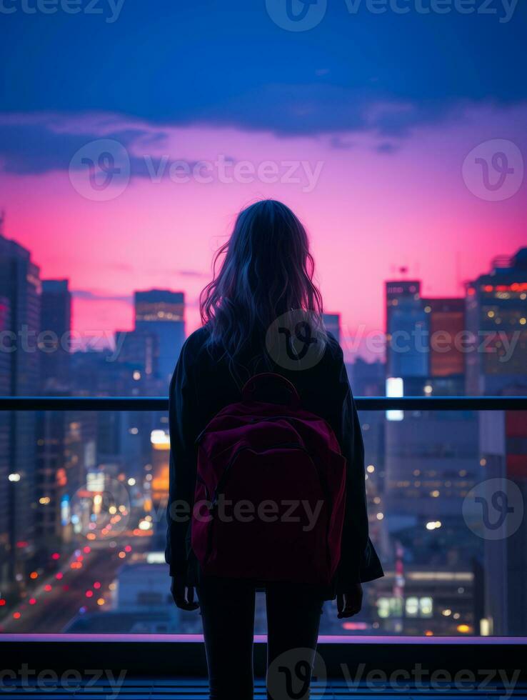 a woman with a backpack standing in front of a city at sunset generative ai photo