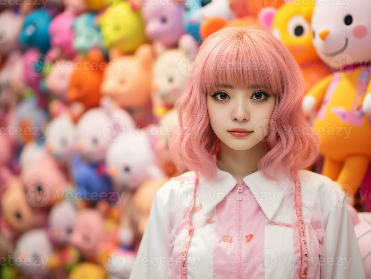 a girl with pink hair standing in front of a wall of stuffed animals generative ai photo