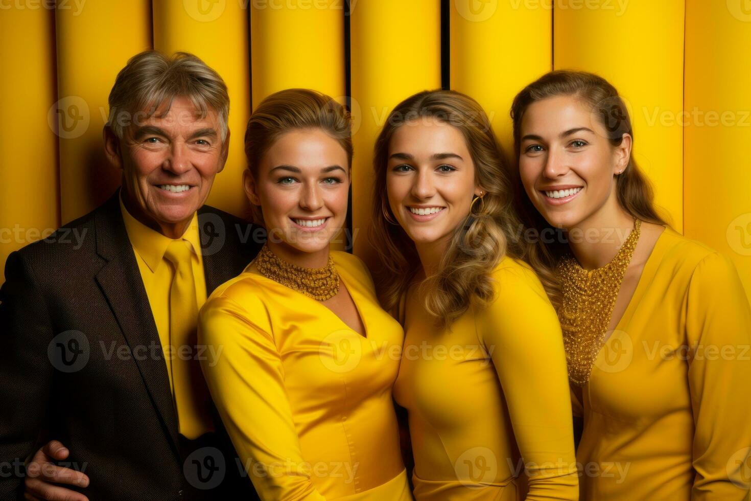 three women and an older man are posing for a photo in front of a yellow wall generative ai