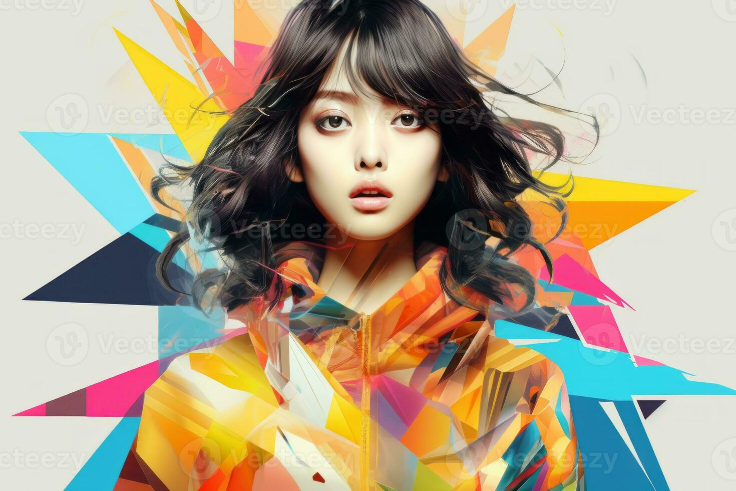a woman with long black hair and bright colors in front of an abstract background generative ai photo